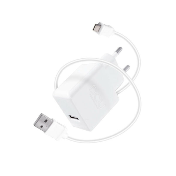 Cargador DCU 1xUSB A + Cable USB C, 1 metro
